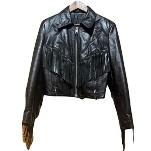 LEATHER RIDER Women's Black Flowers & Fringe Leather Jacket USA Moto Western 12